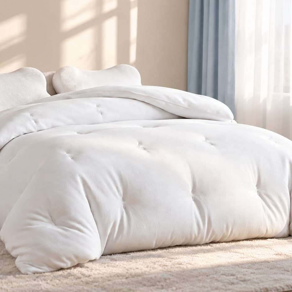 ZERO Pillow Cloud Comforter on a bed in a sunlit bedroom